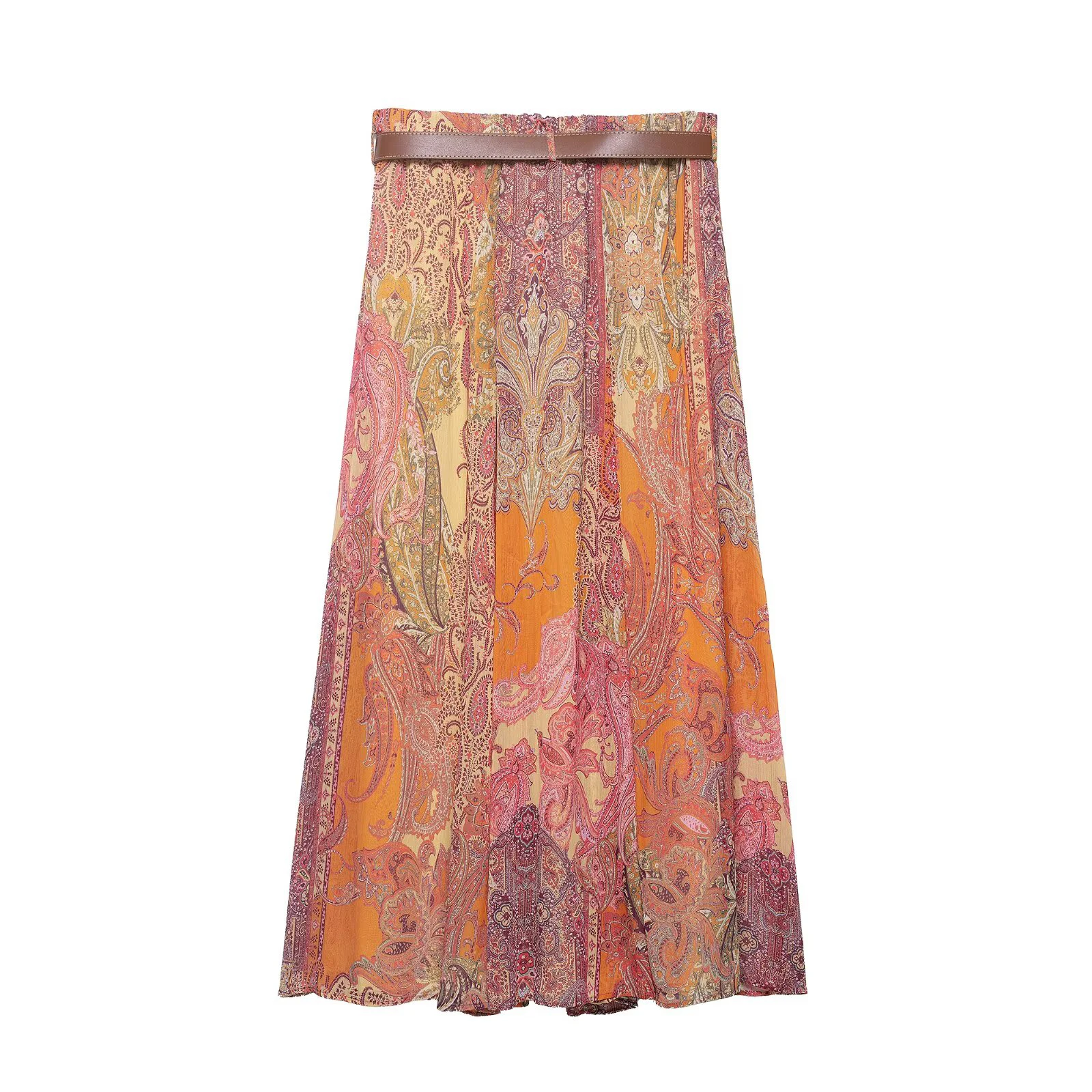 2026 Summer European and American Style Women's Slimming Paisley Print Belted Midi Skirt