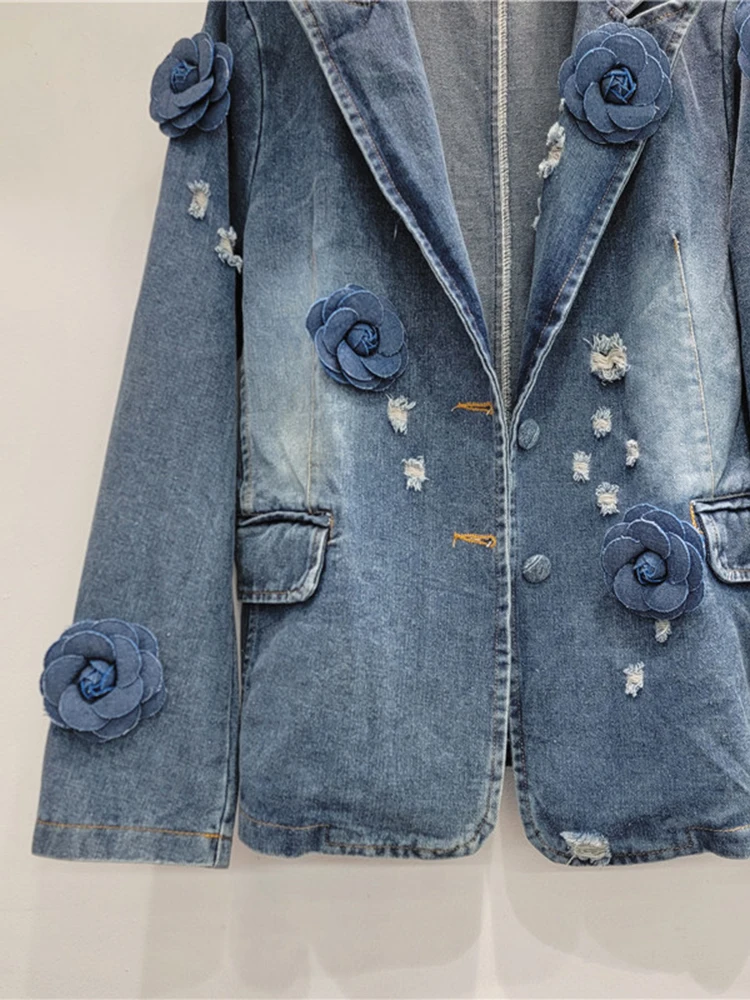 DEAT Fashion Vintage Women's Spliced Flower Denim Blazer Coat 2024 Autumn Trendy Lapel Long Sleeve Loose Jacket Female 11A0420