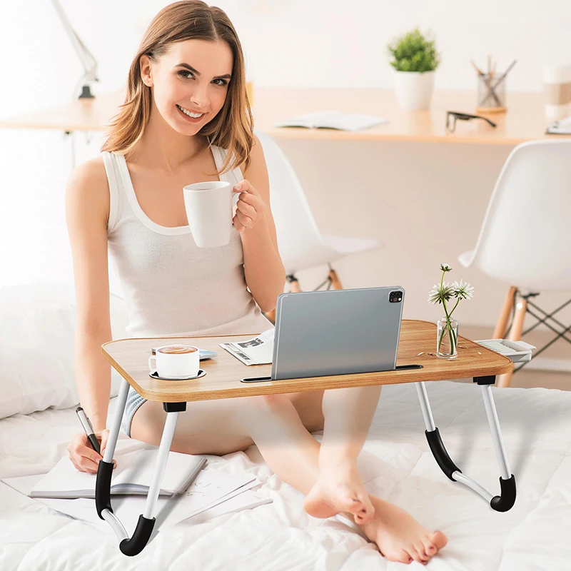 1pc School Dormitory Lazy Bed Desk Portable With Cup Holder Tablet Stand Foldable Legs Design Multifunctional Bed Storage Desk