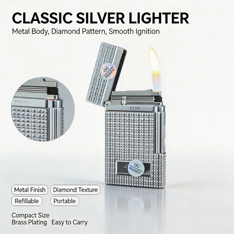 Brass Refillable Gas Lighter With Exquisite Paris Nail Design, Premium Smoking Accessory for Cigars and Cigarettes