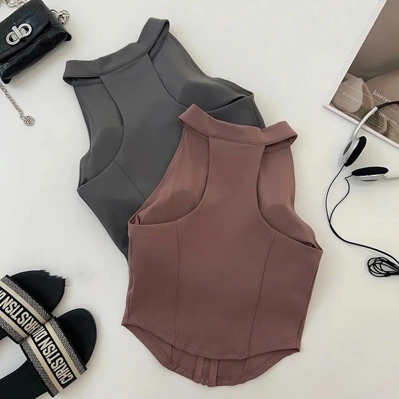 Slim Yoga Vest for Women Fashion Zipper Sleeveless with Chest Pad Running Fitness Clothing Bare Sensation Weight Loss Sportswear