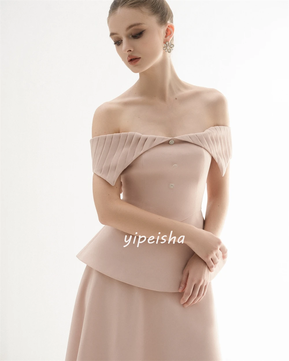 Customized Simple Jersey Button Ruched A-line Boat Neck Midi Dresses Quinceanera Dresses Classic Modern Style Elegant High Quali