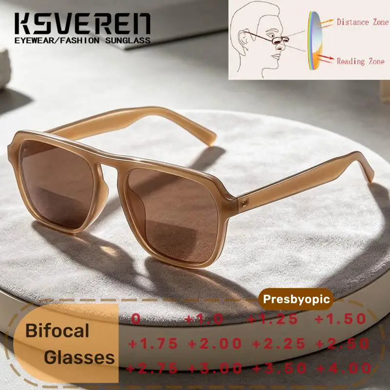 Trendy Square Large Frame Bifocal Reading Glasses Men Women Brown Sunshade Presbyopia Eyeglasses Customized Prescription Lenses