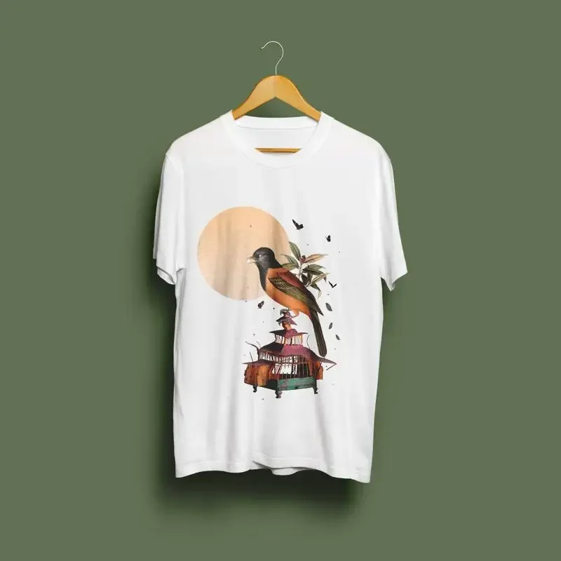 original colorful shirt with a cute bird illustration and message about freedom T