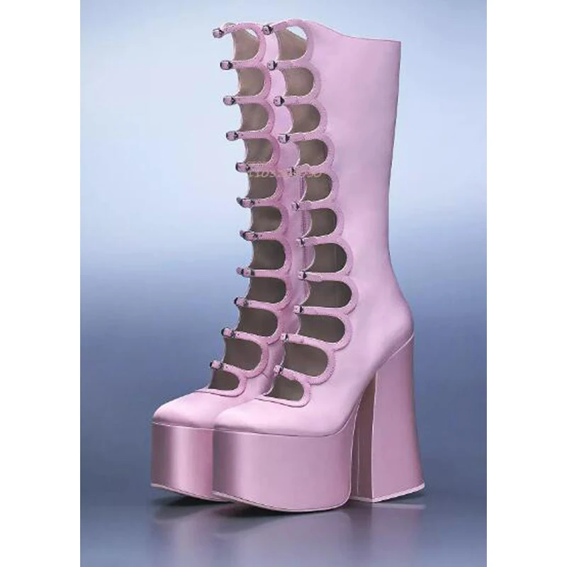 

Pink Satin Hollow Belt Buckle Platform Lolita Boots Woman Princess Patent Leather Small Strap Buckles Block Heel Knee Booties