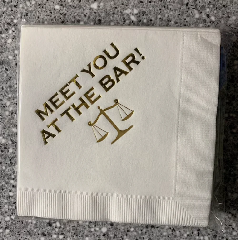 50PCS Law School Lawyer Attorney Graduation Meet You At The Bar Printed Beverage Cocktail Napkins White w/ Metallic Gold Foil