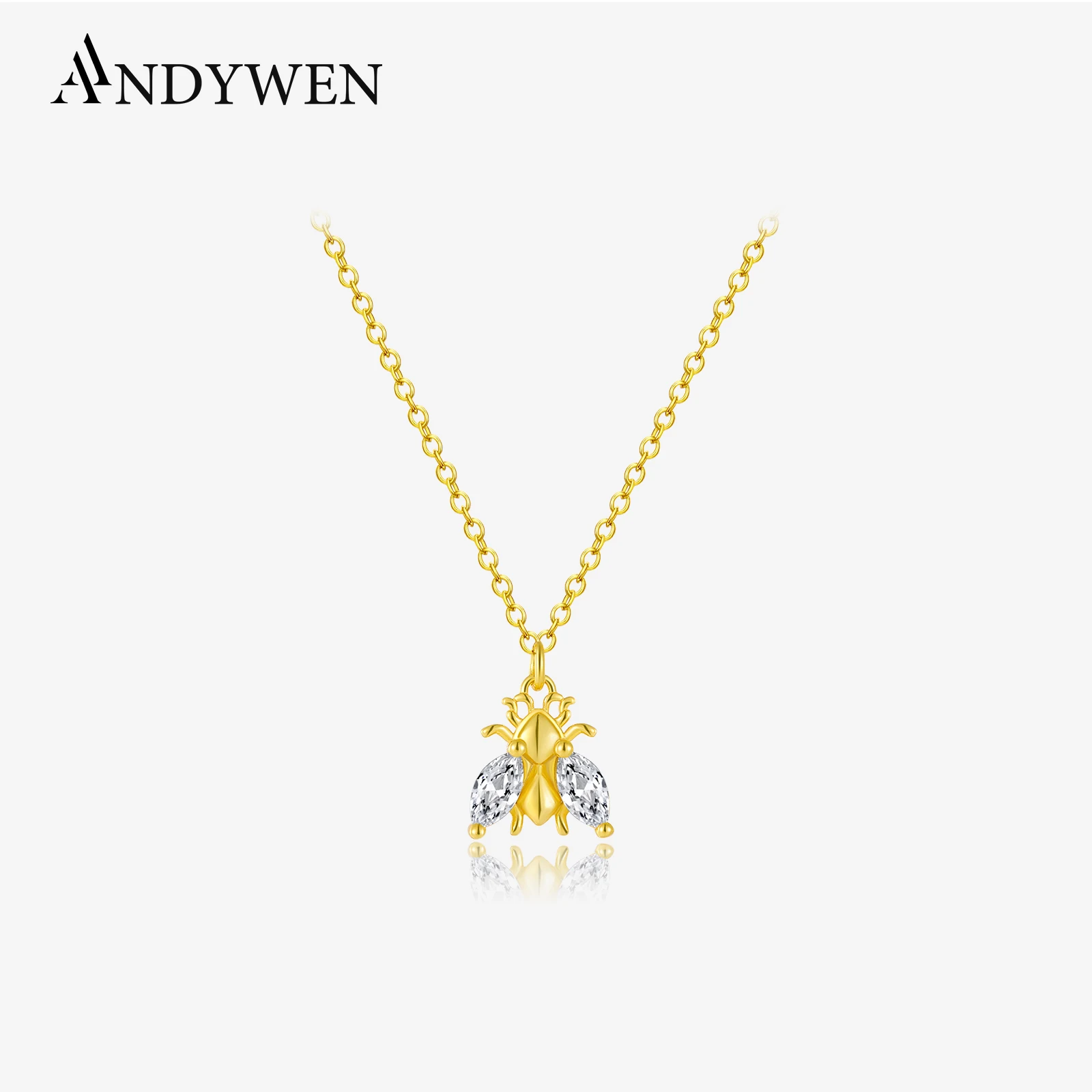

ANDYWEN, длинная цепочка из стерлингового серебра 925 пробы, пчела, прозрачный циркон, простая роскошная женская бижутерия, 2023 кристалл, свадебная простая бижутерия