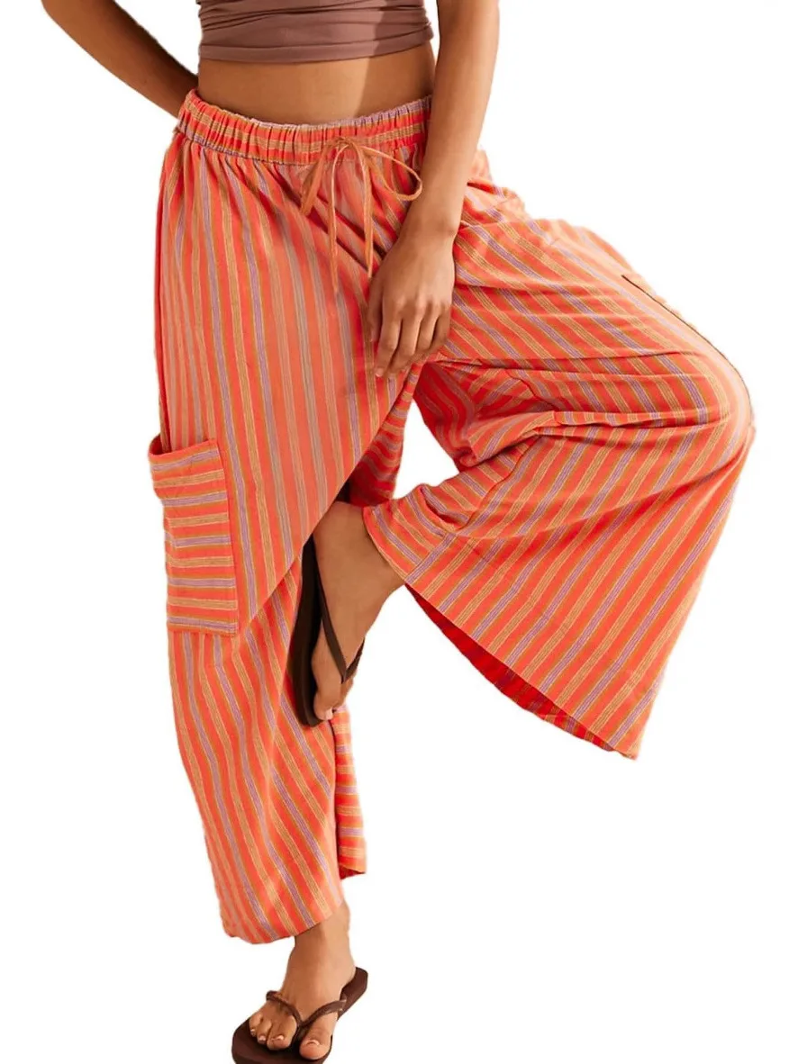  Striped Loose Straight Pants High Waist Street Sle Long Trousers for Women Casual Faion Thin Material Spring Season