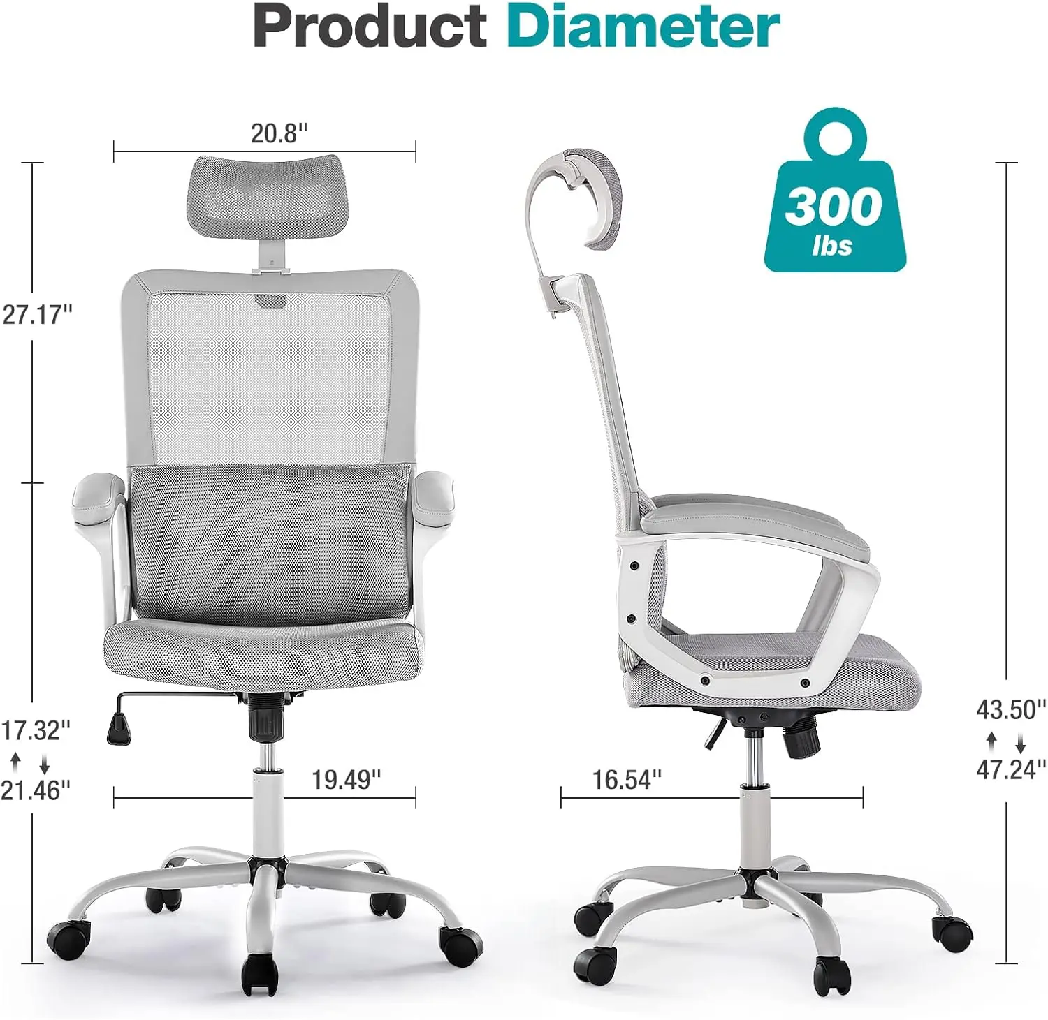 Ergonomic Home Office Computer Desk Mesh High Ba Adjustable Height Executive Task Chair With Lumbar Support, Headrest, Padded