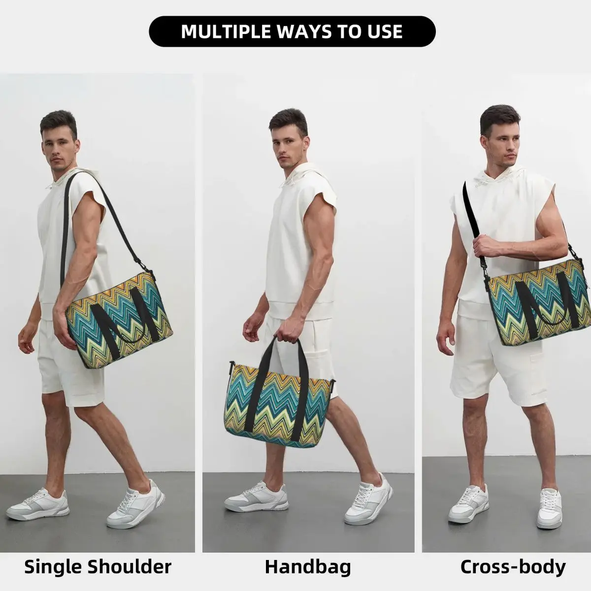 Boho Chic Modern Zigzags Geometric Multicolor5 Beach Travel Bag Tote Bags for Gym Sport Women Shopping Duffle Shoulder Bag
