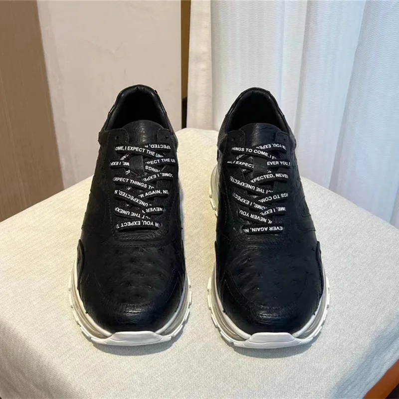 

Authentic Real True Ostrich Skin Class Black Men's Air Cushion Sneakers Genuine Exotic Leather Male Lace-up Soft Walking Flats