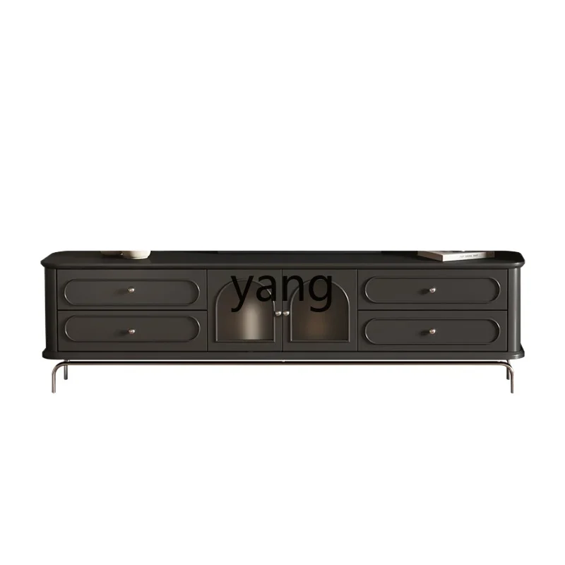 

YJQ solid wood TV cabinet light luxury high sense black French retro living room glass door floor cabinet