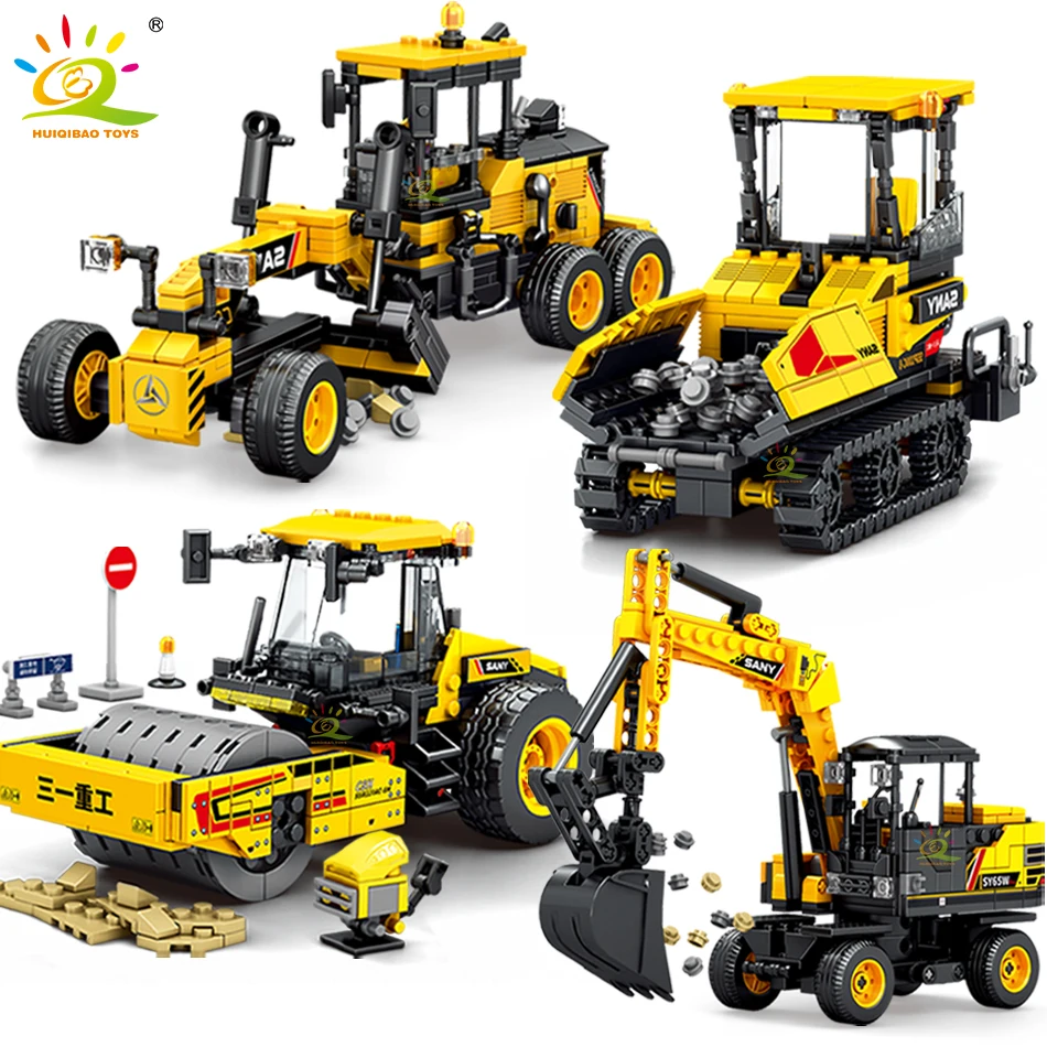 HUIQIBAO City Engineering Series Vehicle Excavator Building Blocks Car Road Roller Pavers Construction Bricks Toys for Children