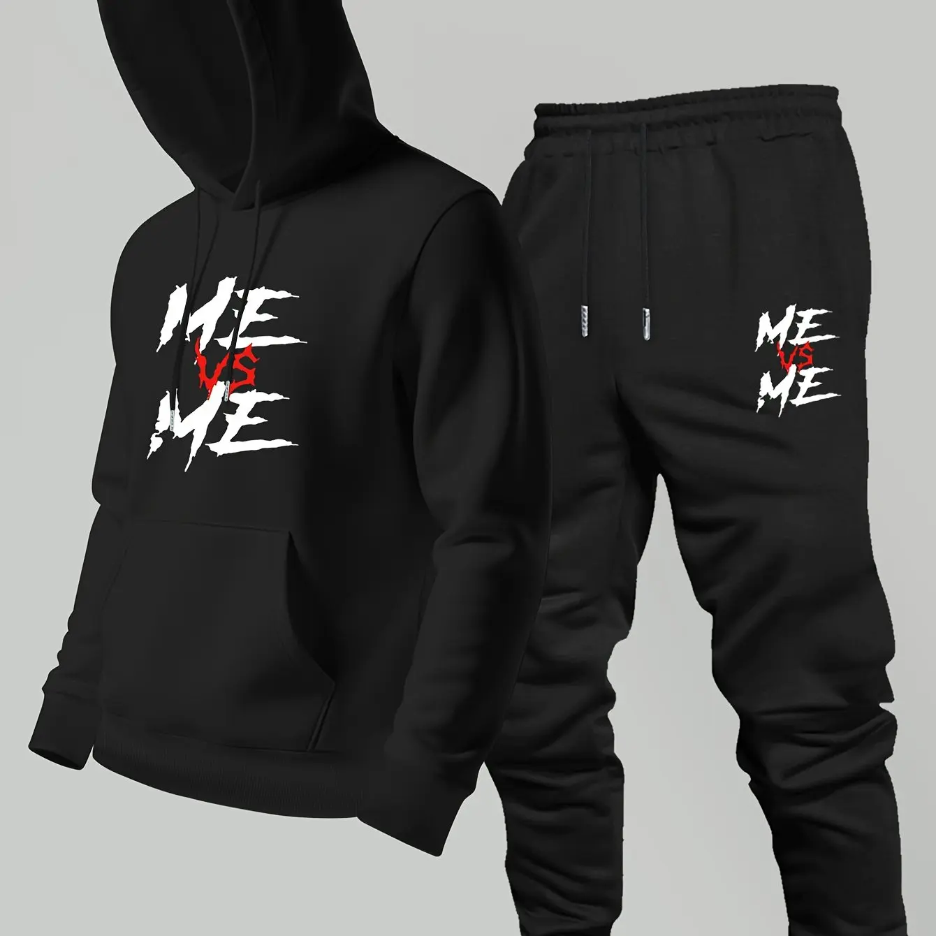 Men's trendy casual hooded sweatshirt and pants set for autumn/winter with printed design. Comfortable and sporty casual outfit