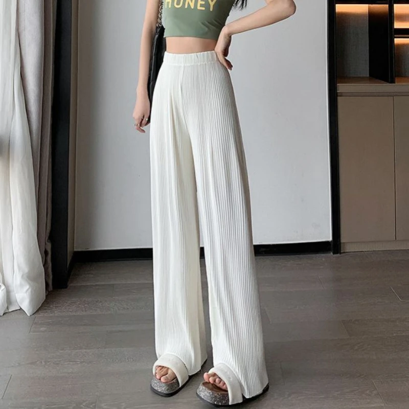 Ice Silk Elastic Waist Loose Casual Wide Leg Pants Summer New Solid Simplicity Fashion Straight Pants Trend Korean Women Clothes