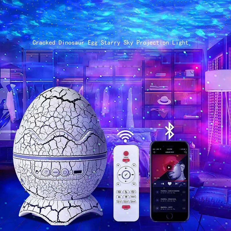 Crack Transparent Dinosaur Egg Starry Sky Light, Water Ripple Starry Sky Laser Projection Light, Bluetooth Speaker Ambient Light