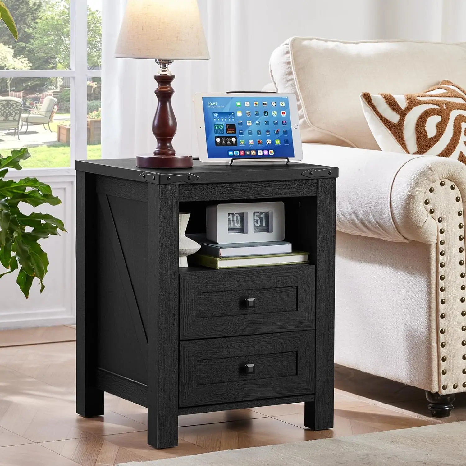 Nightstands Set of 2 with Charging Station and 2 Drawers, Farmhouse