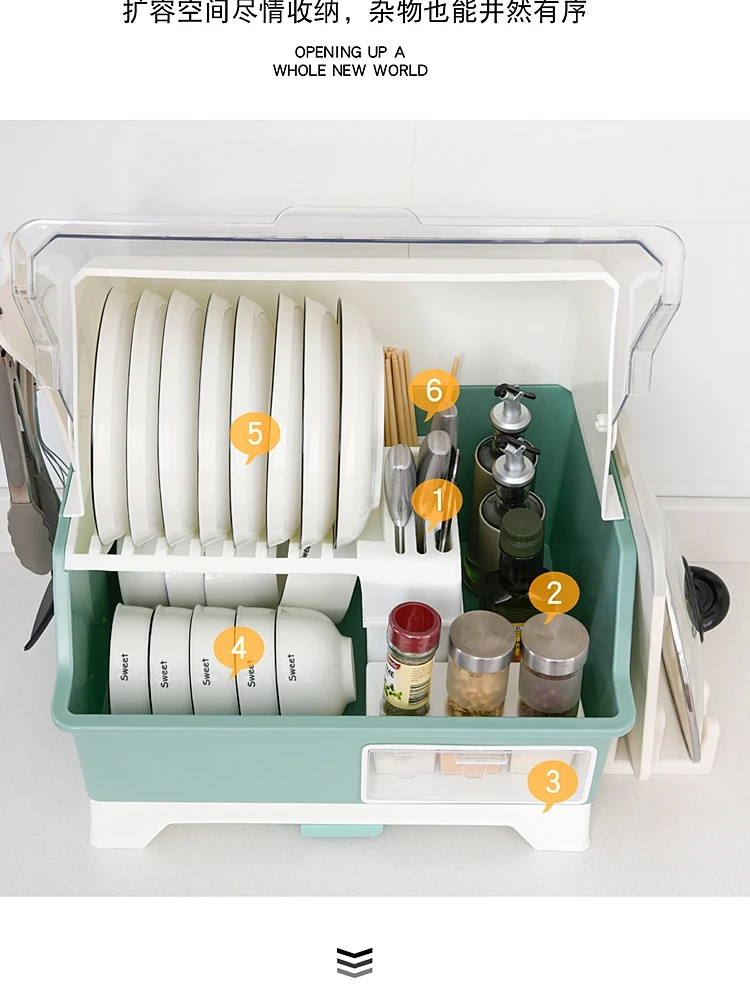 Dustproof, covered, multifunctional drain bowl rack, kitchen utensils, container, dish, seasoning, plastic cupboards