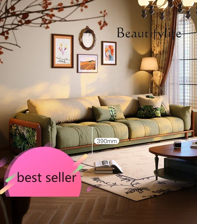 

French retro fabric sofa living room small apartment straight three-person solid wood sofa