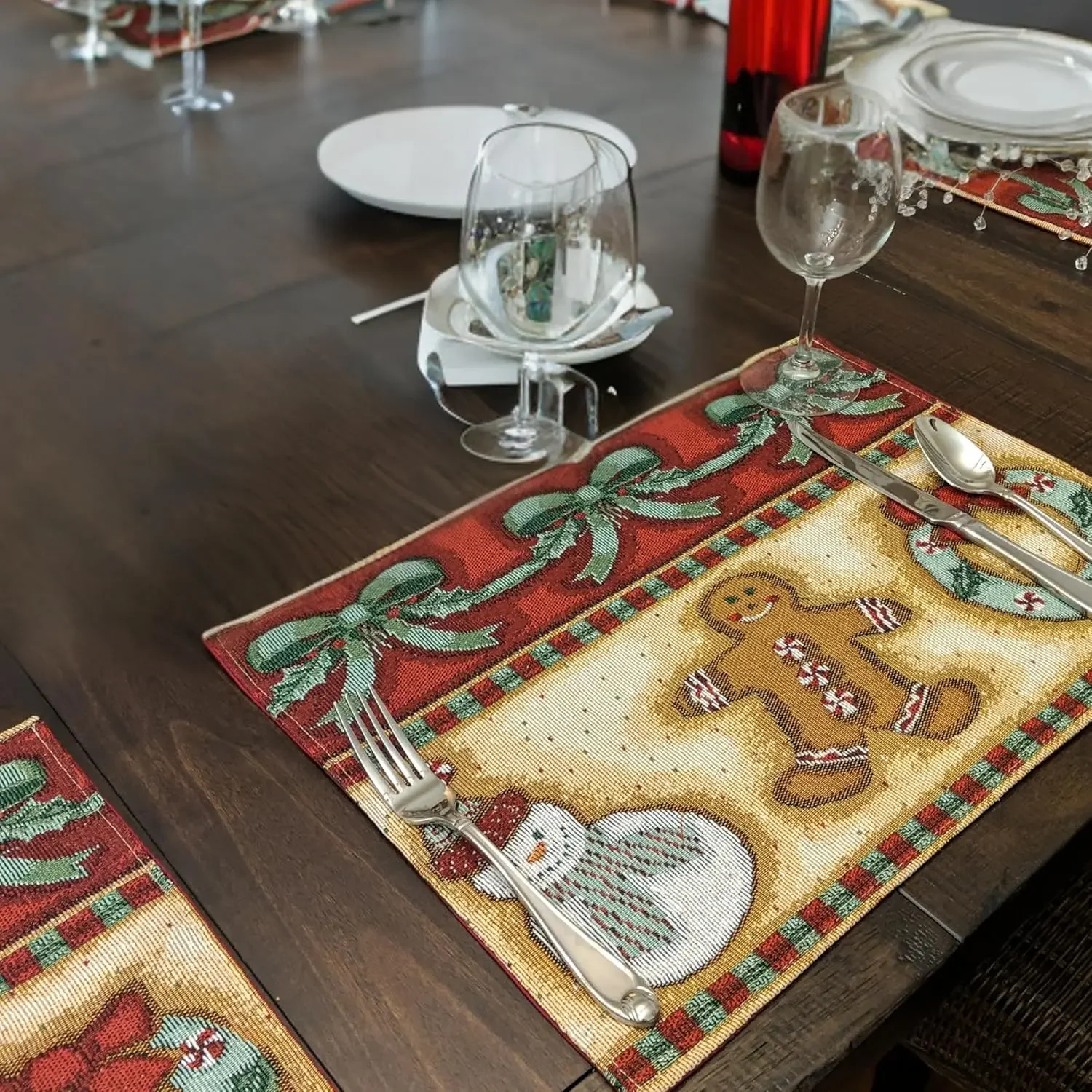 4/6pcs Gingerbread Snowman Sweets Wreath Print Single-Sided Cotton Linen Placemat Set for Christmas Table Decor