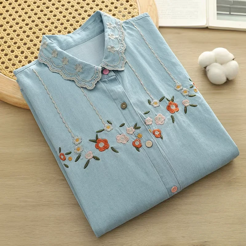 2025 Autumn women clothing Japanese style flower embroider denim blouses bohemian soft cotton women\'s denim shirts