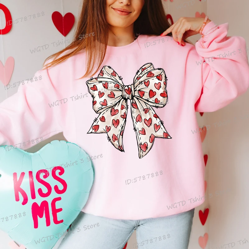 Coquette Valentine's Day Heart Bow Sweatshirt Women Retro Valentine Pullover Bow Valentine Day Gifts Fashion Women's Sweater