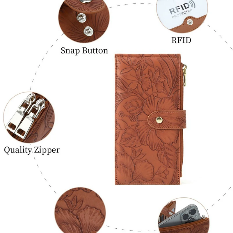 Western RFID Blcoking 3D Embossed PU Leather Women Long Wallet Large Capacity Phone Bag 18 Cards Purse for Ladies