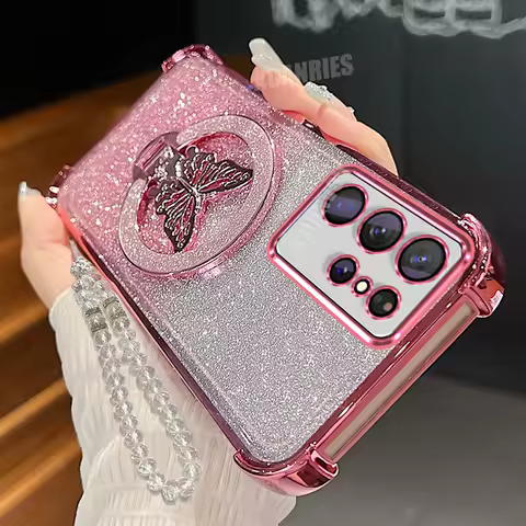 S25ultra Butterfly Holder Chain Case For Samsung Galaxy S24 S20 S21 S22 S23 Fe S25 Plus Ultra Plating Shockproof Stand Cover