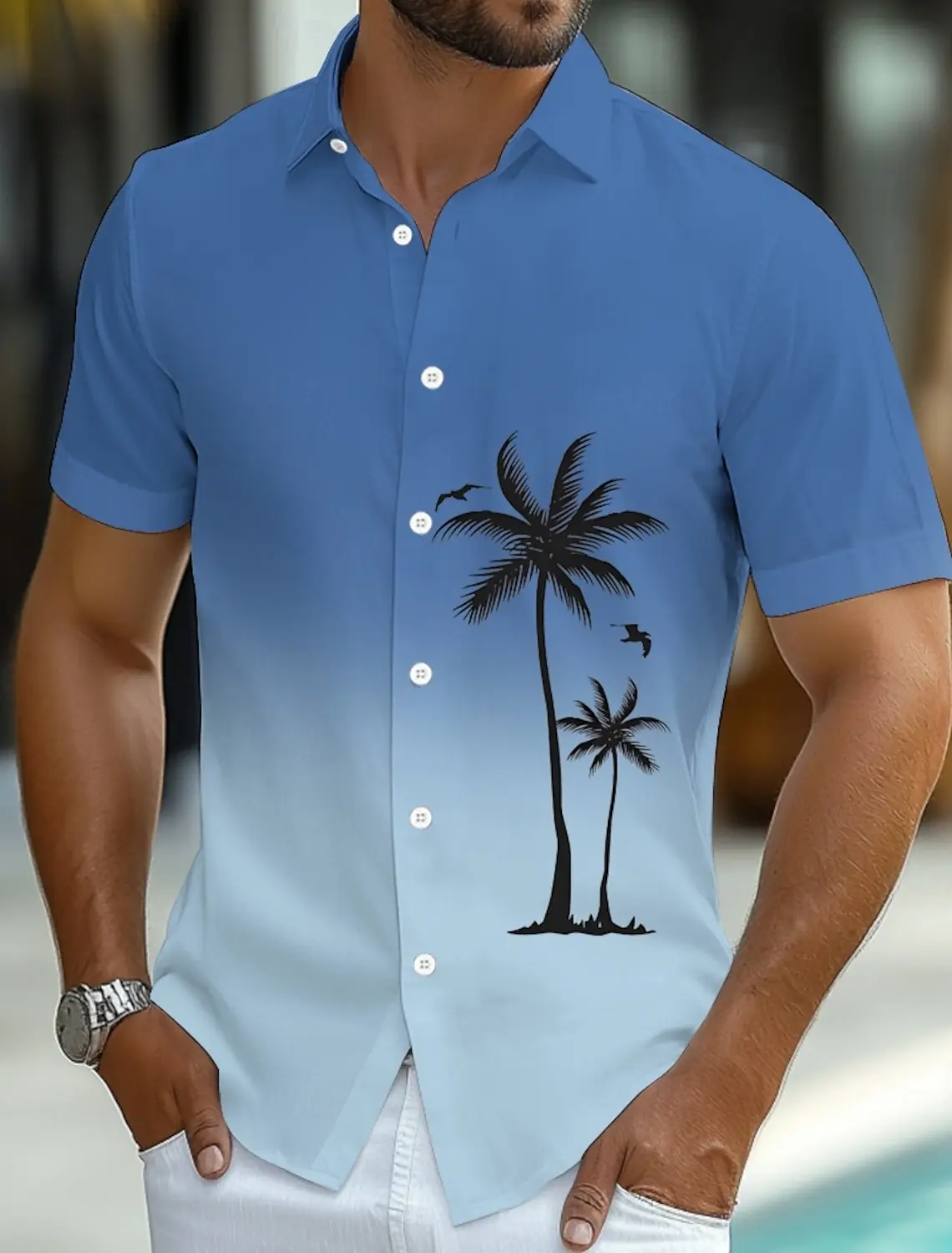 2025 Summer Men\'s Coconut Tree Gradient Color Tropical Plants Summer Hawaiian Shirt Button Up Shirt Short Sleeve Hawaiian shirts