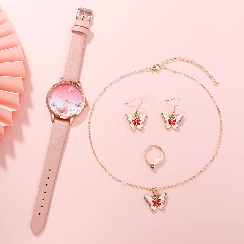 Reloj de cuarzo para mujer, pulsera de cuero con esfera de mariposa rosa, diseño de marca de lujo