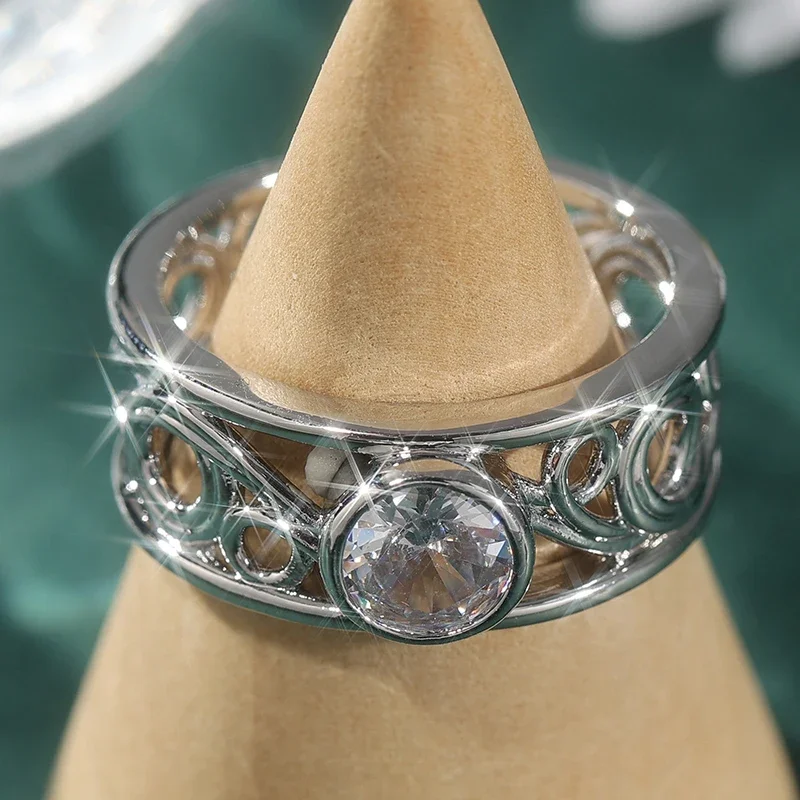 Women's Fashion Personality Hollow Out Silvery Charm Ring Vintage Luxury Synthetic Zirconia Banquet Festival Jewelry Accessories