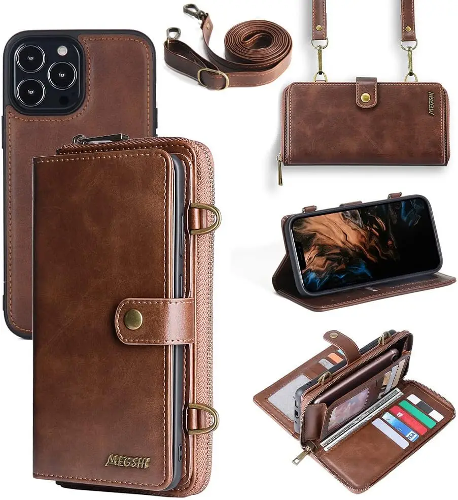 MEGSHI Luxury Detachable Wallet Case for iPhone 15 Pro Max 6 7 8 XR XS Max 11 Pro 12 13 Mini 14 Plus Zipper Purse Crossbody Case