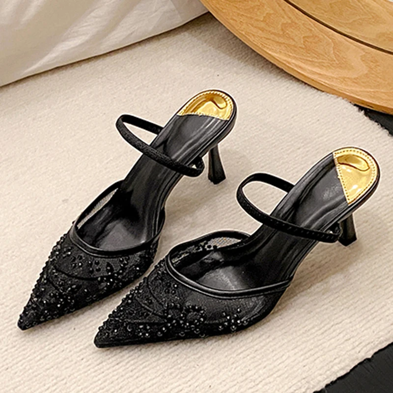 

Eilyken Spring Elegant Crystal Mesh Fabric Thin Heels Woman Pumps Slippers Fashion Pointed Toe Party Prom Mule Slide Shoes