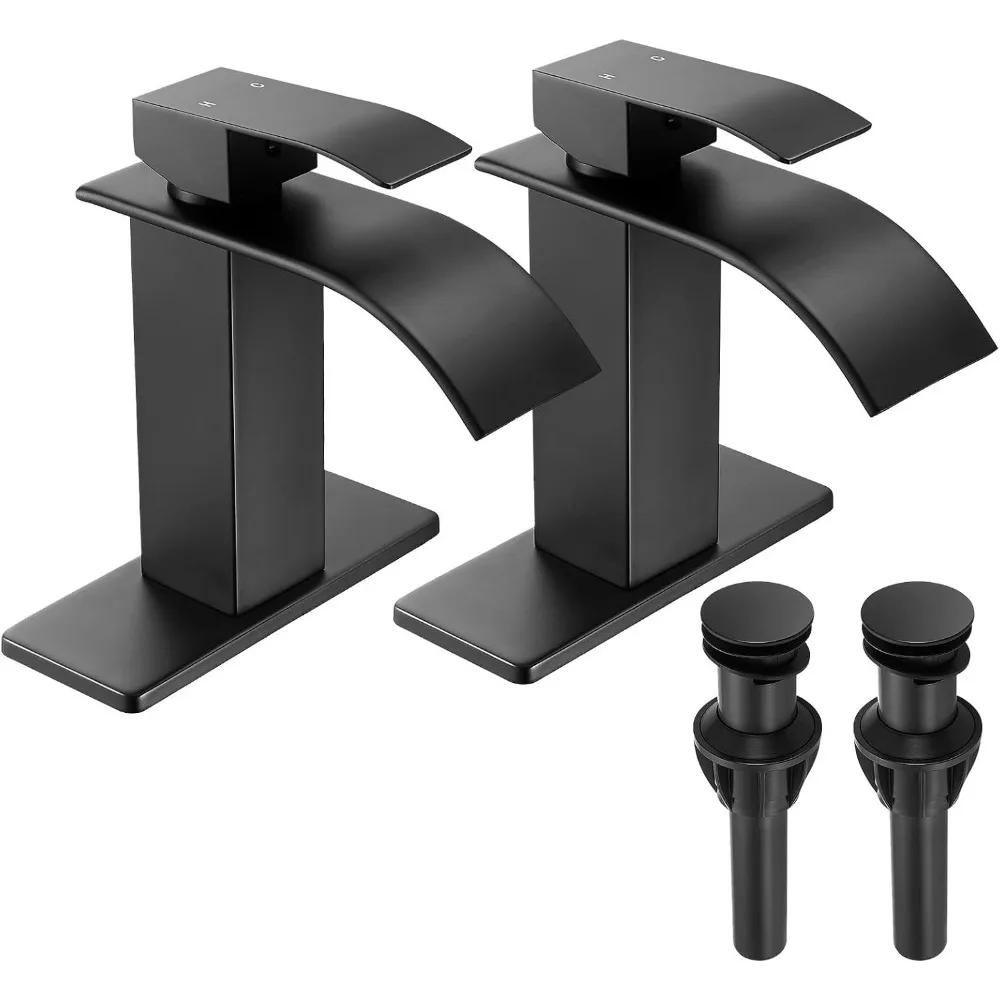 

Black Waterfall Bathroom Faucet, Single Handle (1/3 Hole) with Deck & Pop-Up Drain, 2-Pack Short (Matte Black)