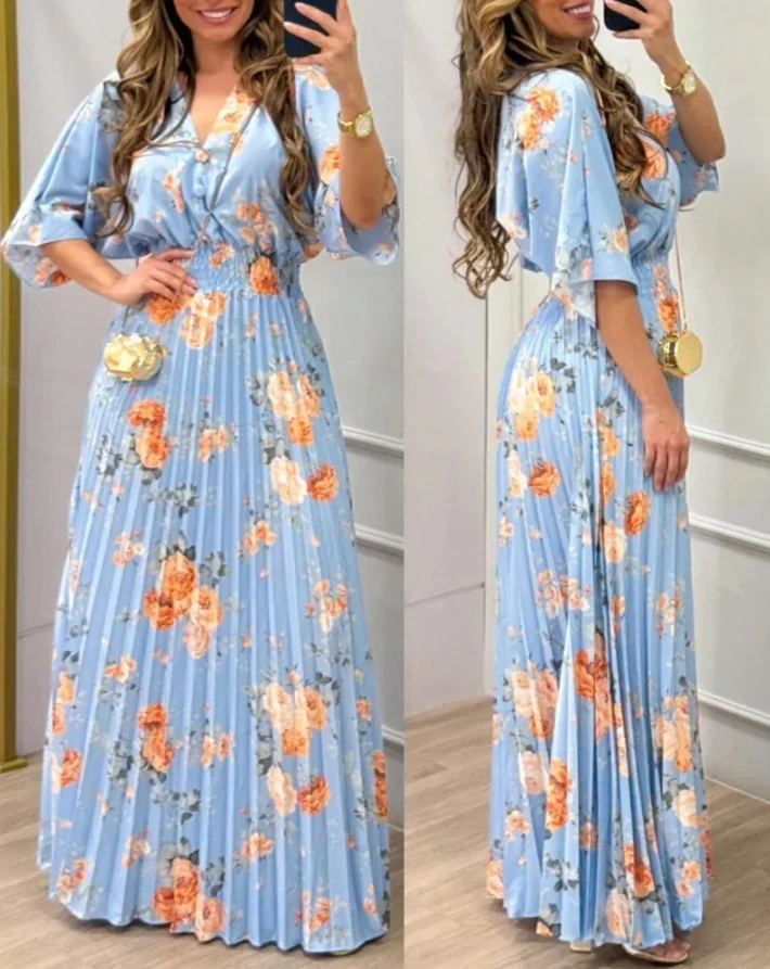 

Women's Dress 2025 Spring Summer Latest Floral Print V Neck Bell Sleeve Waist Plesed Maxi Dress Casual Shirred Flowy Long Skirt