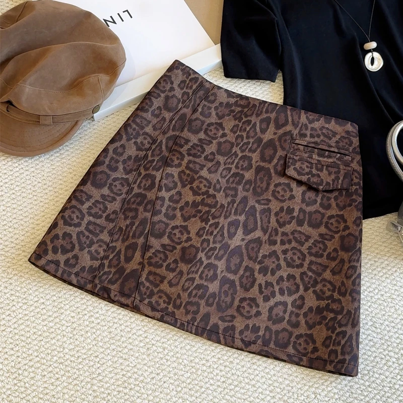American Retro Leopard Print Faux Suede Skirt Women's Autumn Winter High Waist Fashion Mini Skirts Chic Spicy Girls A-Line Skirt