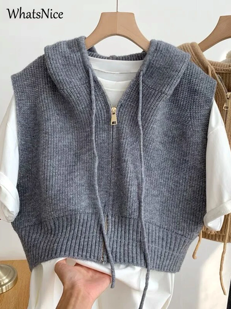 New Korean Fashion Girls Vintage Hooded Knitted Vest Women Casual Warm Kawaii Sweater Vest Female Ladies Nice Woman Tops 2