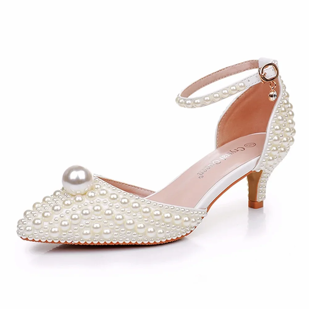 5cm medium low heel pointed kitten with white pearl wedding dress, bridal high-heeled sandals
