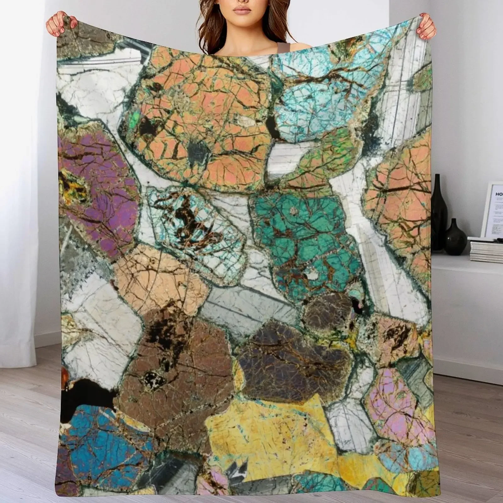 

Geology gift - Peridotite from Ardnamurchan, Scotland Rock Thin Section Microscope Photo Throw Blanket for sofa anime Blankets