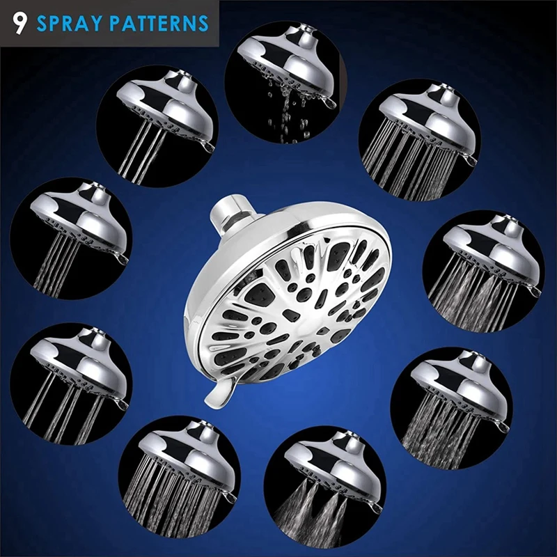 High Pressure Shower Head - 4.5 Inches Rain Showerhead - 9 Spray Settings - Bathroom Shower Heads (42 Nozzles)