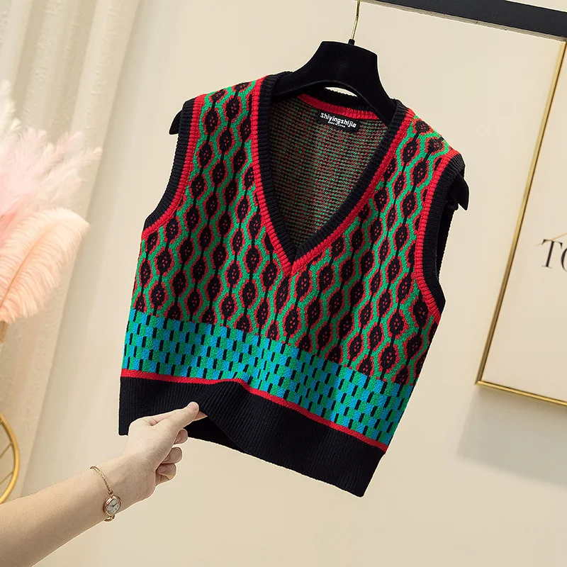 Vintage Knit Tank Tops Sleeveless Sweater Vest Women Patchwork V Neck Loose Oversized Pullover Vest 2023 Spring Warm Casual Tops