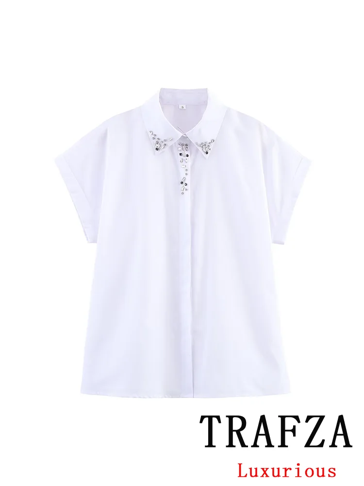 

TRAFZA Elegant Chic Women White Shirt Short Sleeve Diamond Collar Shirts New Fashion Summer 2025 Street Commuter Holiday Shirt