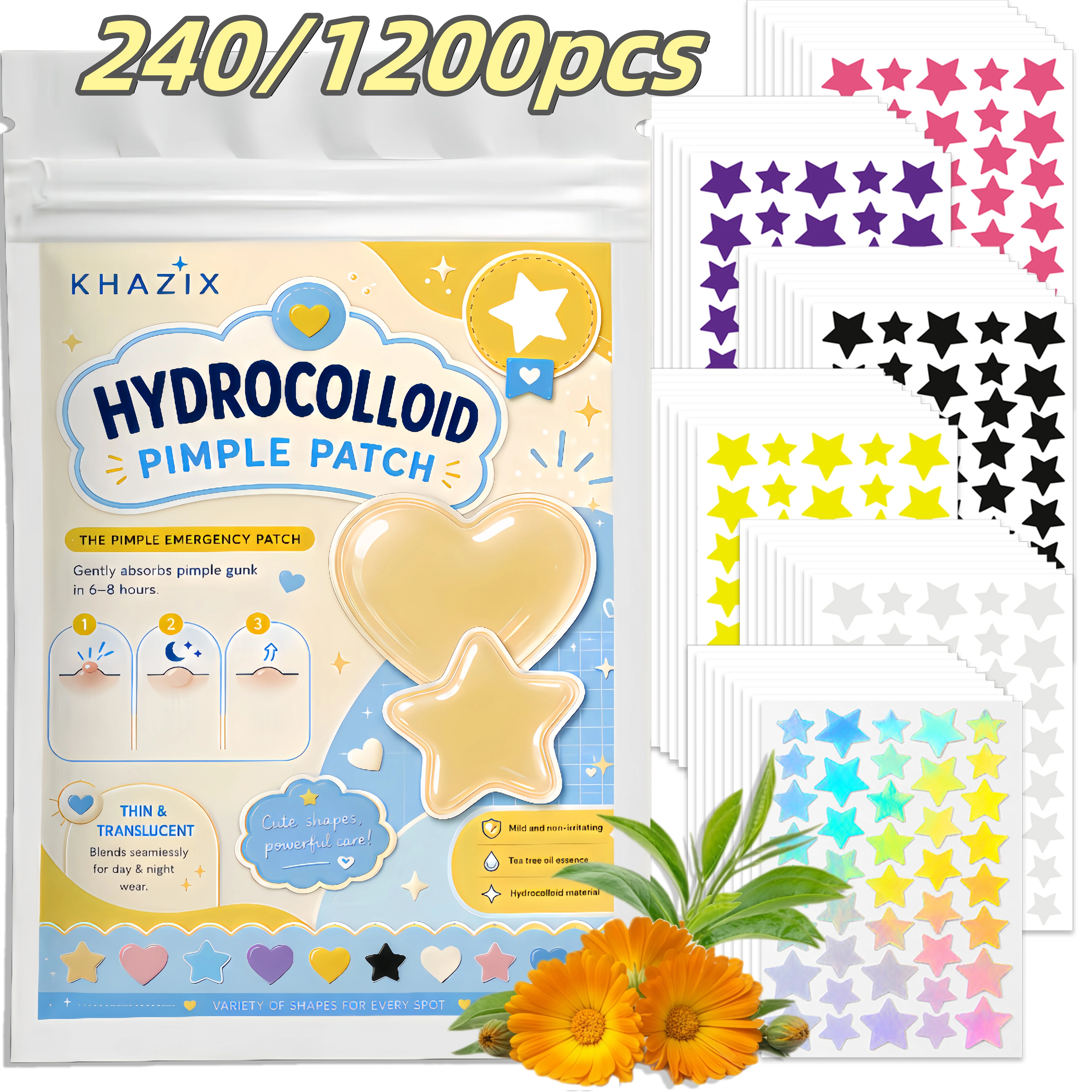 240pcs/1200pcs Colorful Star Shaped Hydrocolloid Acne Patches, Cute Decorative Pimple Patches with Waterproof Adhesion