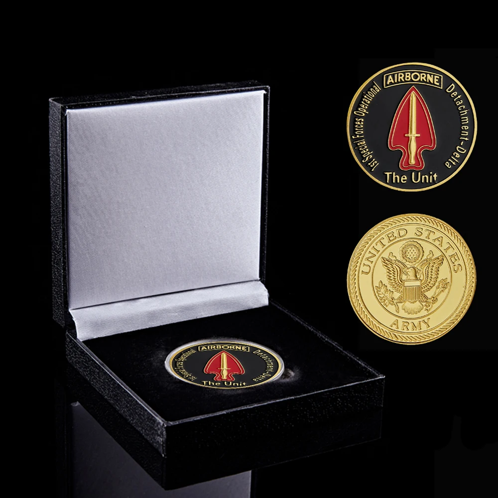 USA Army The Unit 1st Special Forces Operational Airborne Gold Plated Challenge Eagle Coins W/ Box Display