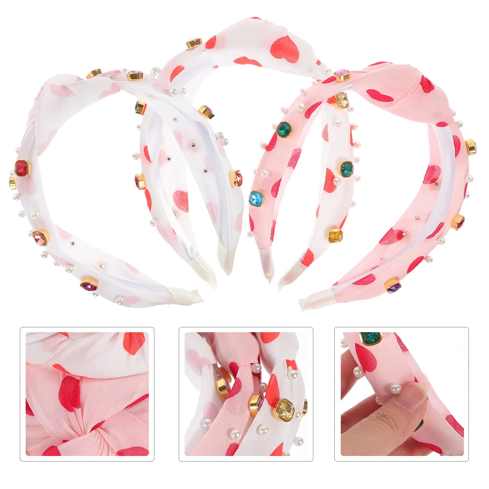 

Набор из 3 повязок на голову с принтом в виде сердечек для женщин, широкие узловые ободки для волос, элегантные аксессуары для вечеринок, свадеб и Дня святого Валентина, легкие