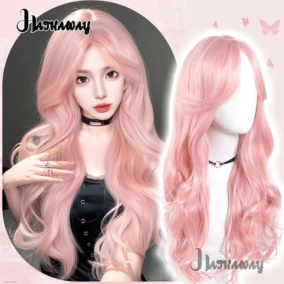 

Длинные волнистые розовые парики, синтетический парик Лолиты с пушистой средней частью челки для женщин, парики на Хэллоуин и Рождество