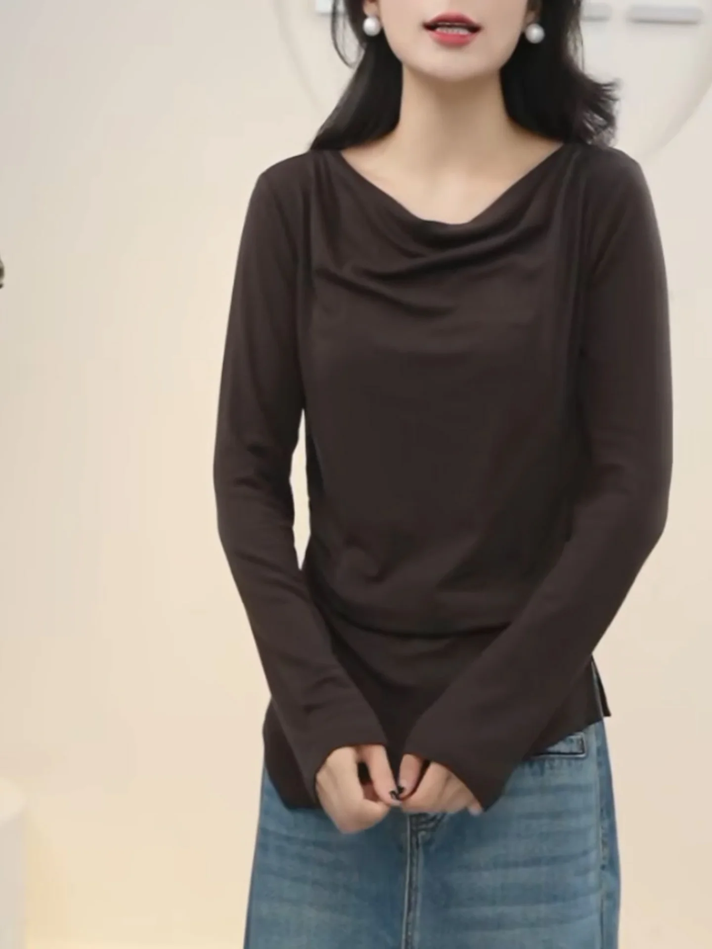

Spicy Fem Sle Slim Fit Long Sve T-irt Women's Coffee Color Design Pure Desire Autumn Winter New Arrival plus Size Top