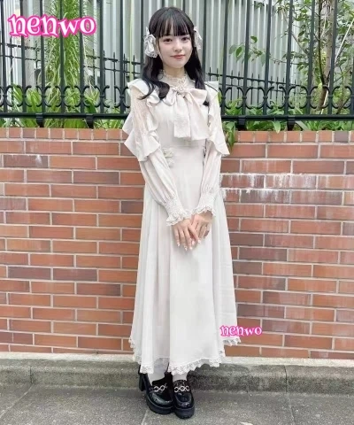 

Spring Autumn New Japanese Rojita Off-Shoulder Big Bow Long Dress Slimming Waist Long Sleeve Stand Collar Girl's Maxi Dress