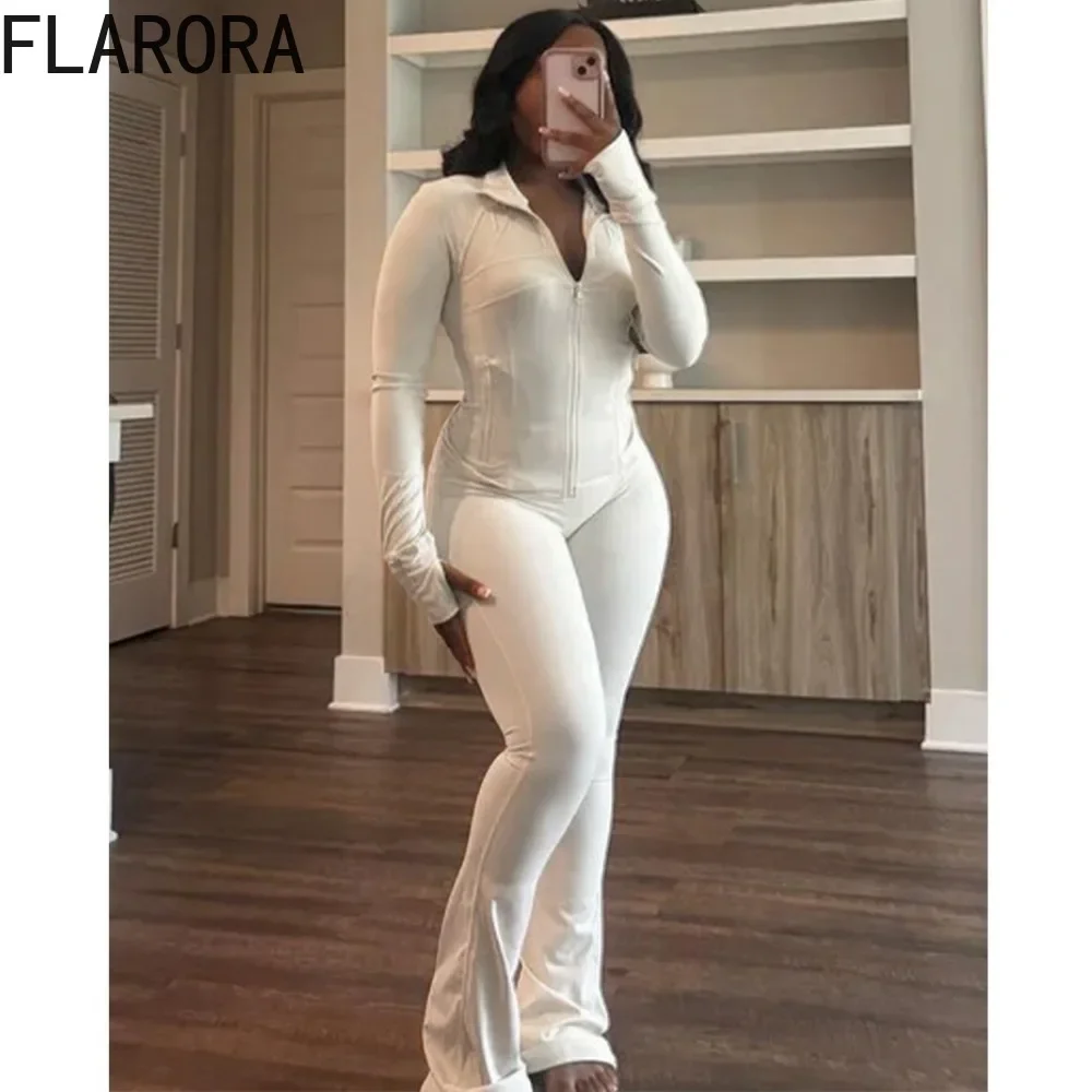 FLARORA Autumn Winter Tracksuit Two Piece Sets Woman Solid Slim Zipper Jacket And Flared Pants Set Casual Yoga Set Jogger Suits