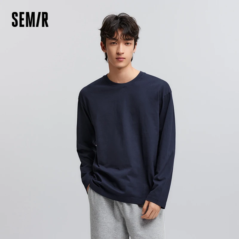 Semir تي شيرت طويل الأكمام للرجال من القطن الخالص الطبقة الداخلية 2025 ربيع جديد قمة أساسية بلون أساسي متعدد الاستخدامات نمط الزوجين